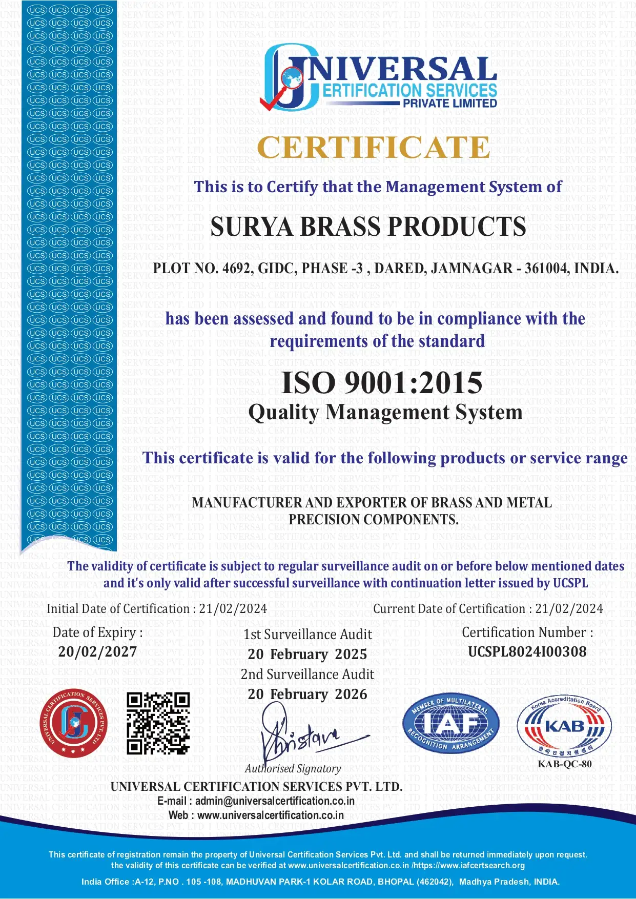 An ISO 9001:2015 Certificate to Surya Brass Products